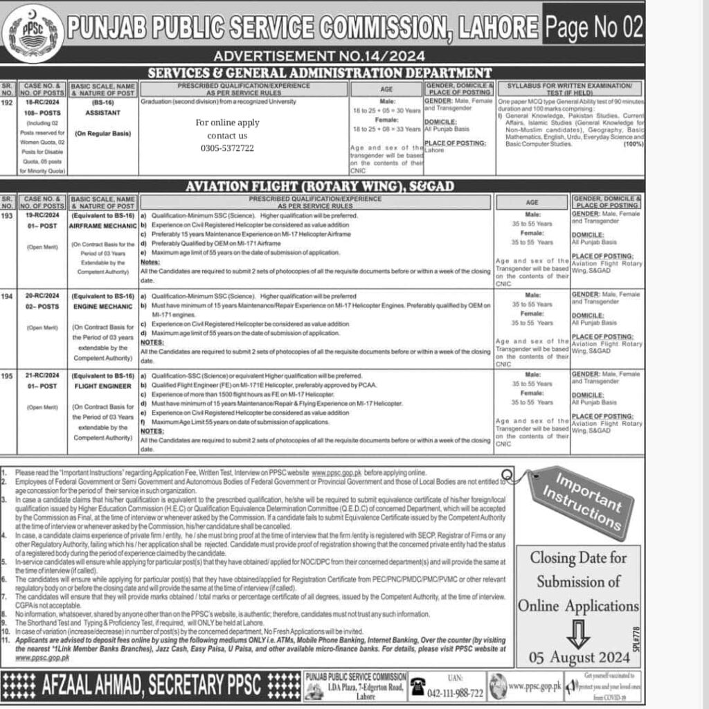 PPSC Advertisement No. 14/2024