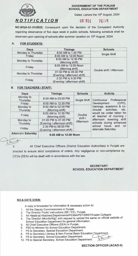 Notification: New School Schedule in Punjab