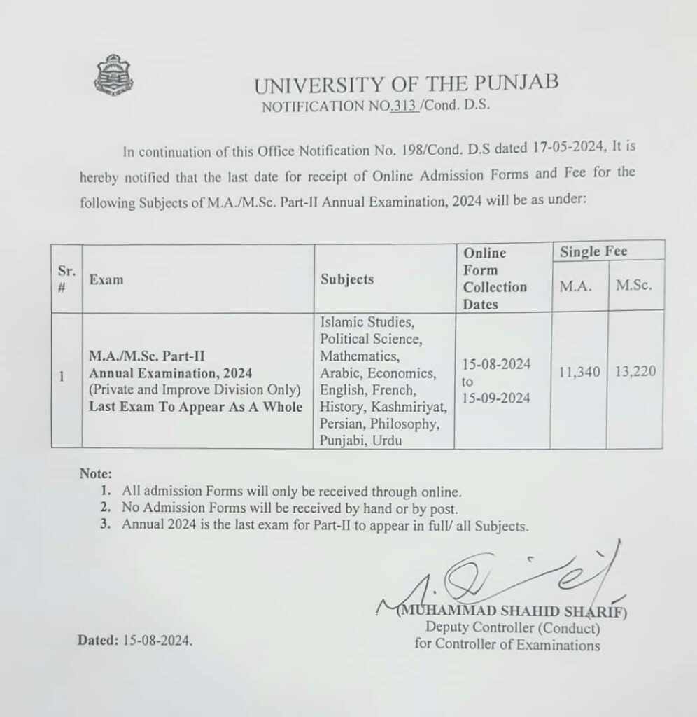 University of the Punjab: M.A./M.Sc. Part-II Annual Examination, 2024