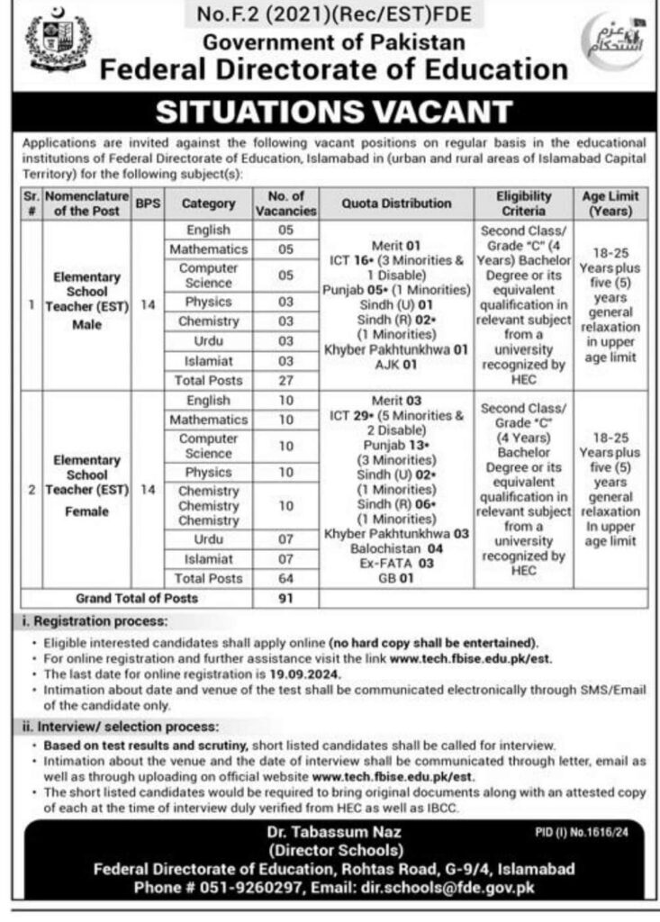 Federal Directorate of Education: Situations Vacant