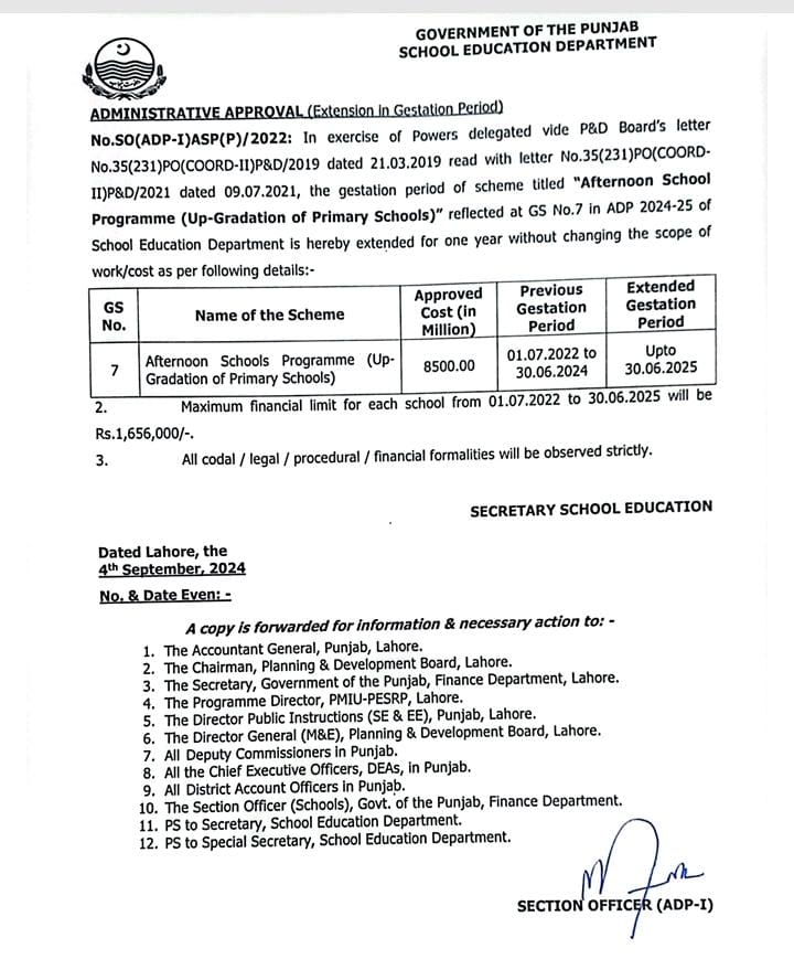 Afternoon School Programme (ASP) Extended in Punjab