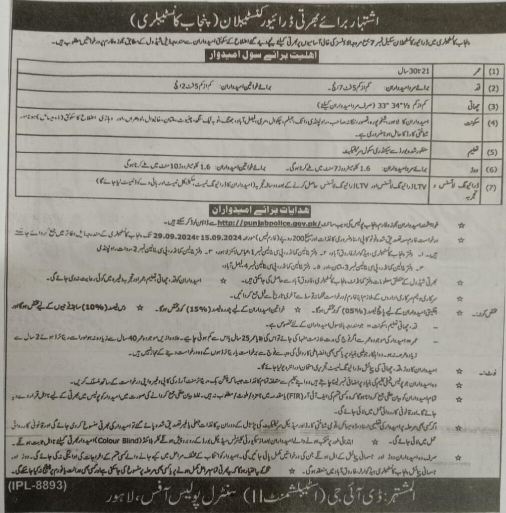 Punjab Constabulary Recruitment Advertisement for Drivers and Constables