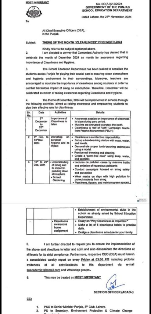 Theme of Month December Cleanliness school education department 