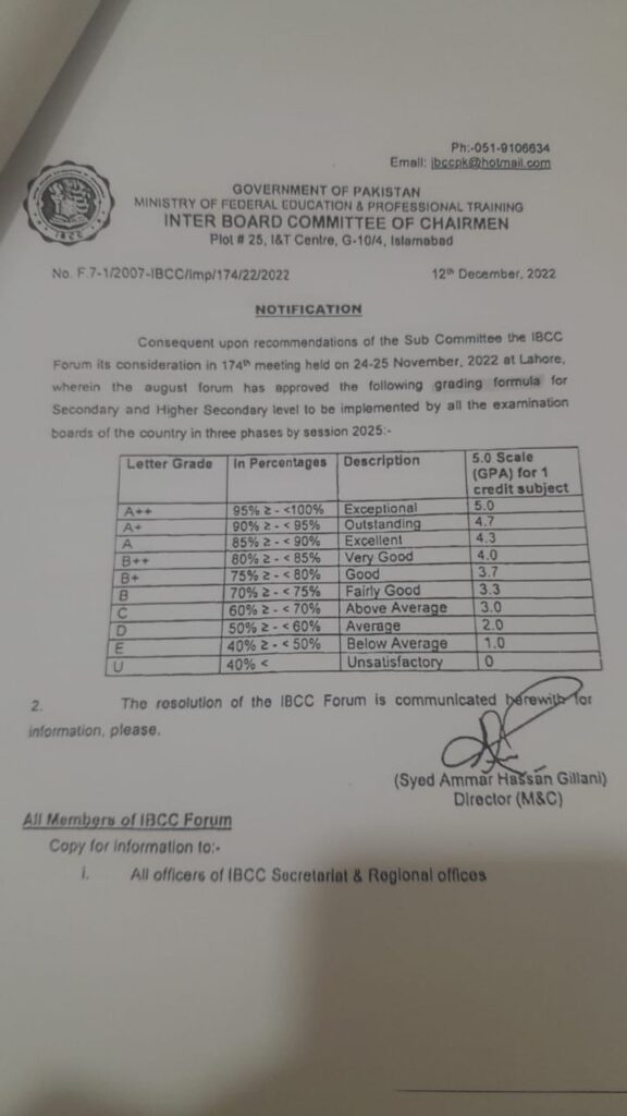 IBCC Announces New Grading System for Secondary and Higher Secondary Levels in Pakistan